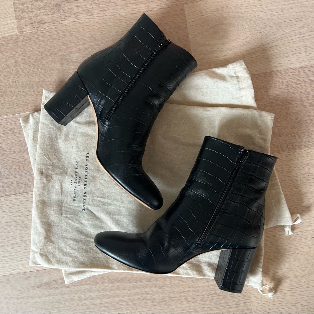Sezane Black Croc-Patterned Ankle Booties - Picture 2 of 15
